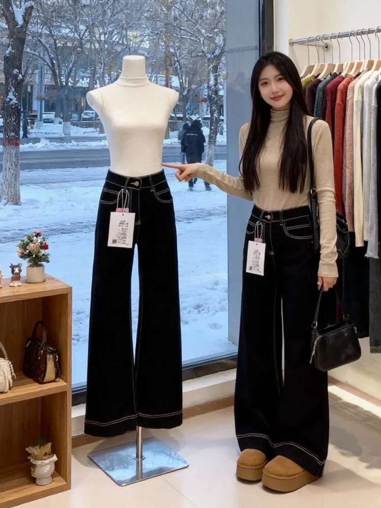 

Bla Fce Lined Thi прямые расклешенные джинсы женские зимние новые большие размеры плюс размер широкие брюки длиной до пола