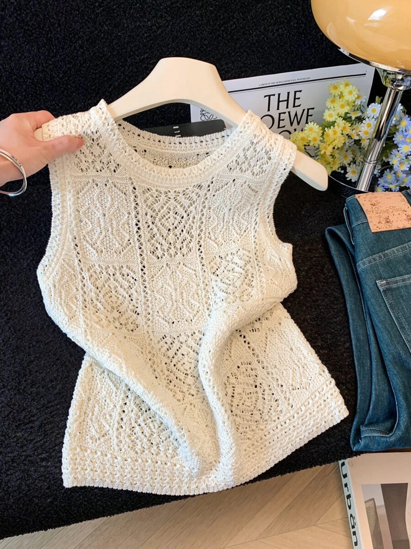 

Summer Women's T-Shirt Knitted Hollow out Sleeveless Silk Linen round Neck Vest Top Casual Regular Thickness Pure Color