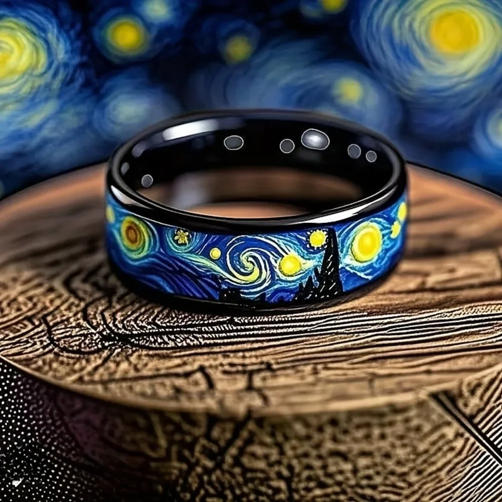 Unique Starry Night Pattern Men's Black Ring Personality Women Wedding Band Jewelry Unisex Party Accessories Wholesale