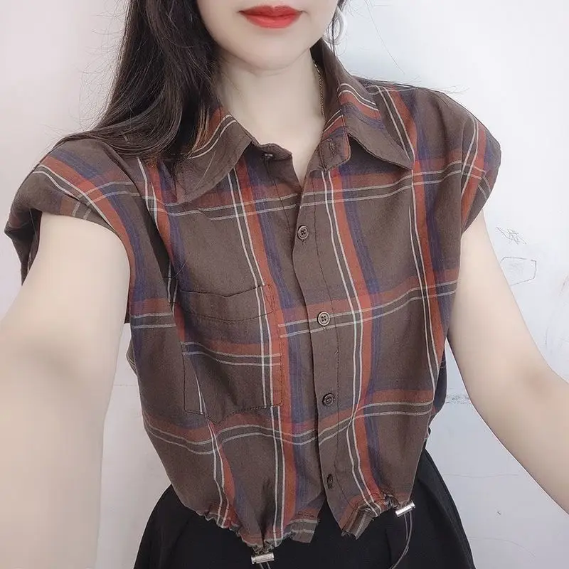 Minimalist Commuter Summer New Women\'s Polo-Neck Plaid Button Spliced Pockets Drawstring Fashion Loose Sleeveless Shirt Blouse