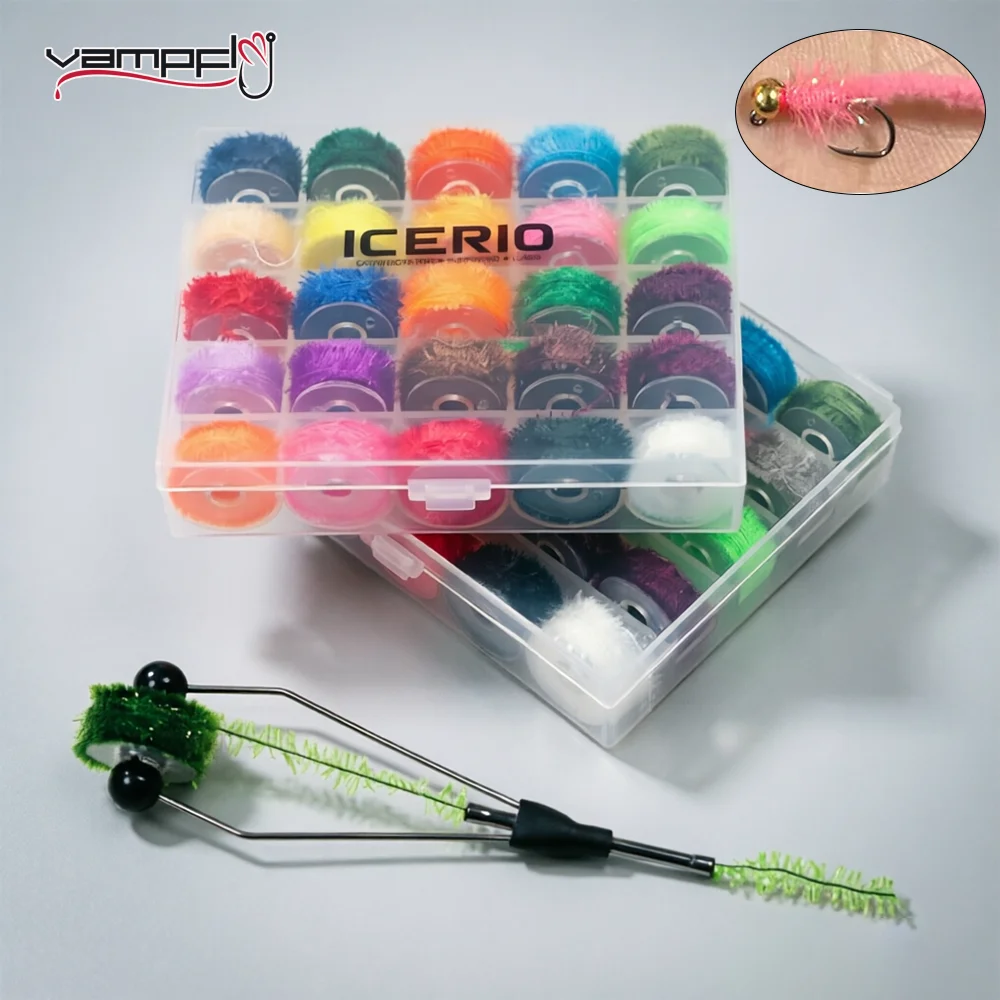25pcs Random Color Fly Tying Ice Chenille Kit Cactus Crystal Chenille Fly Tying Material for Streamer Flies Jig Nymph Trout Lure
