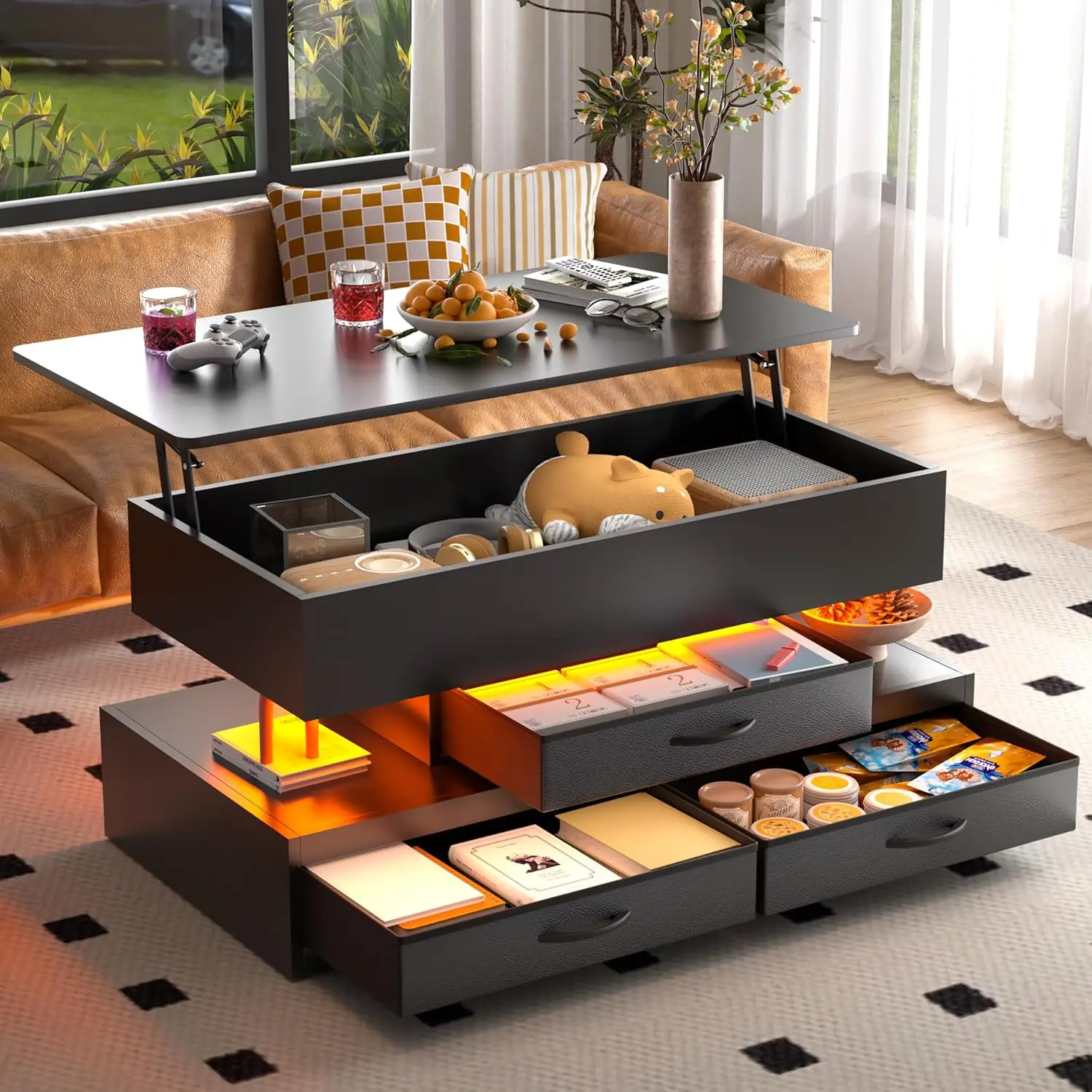 

40 Lift Top Coffee Table with 3 Fabric Drawers and Hidden Compartmen, LED Coffee Table, Farmhouse Coffee Tables for Living Room