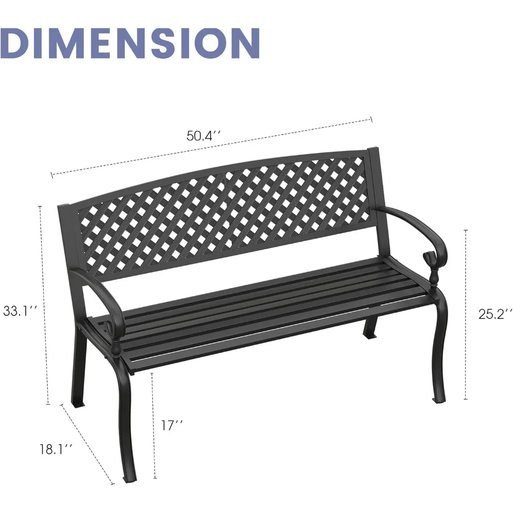 Outdoor Garden Bench,  Long Metal Patio Bench with Backrest and Armrests, Modern Slatted Black Park Bench for Front Porch