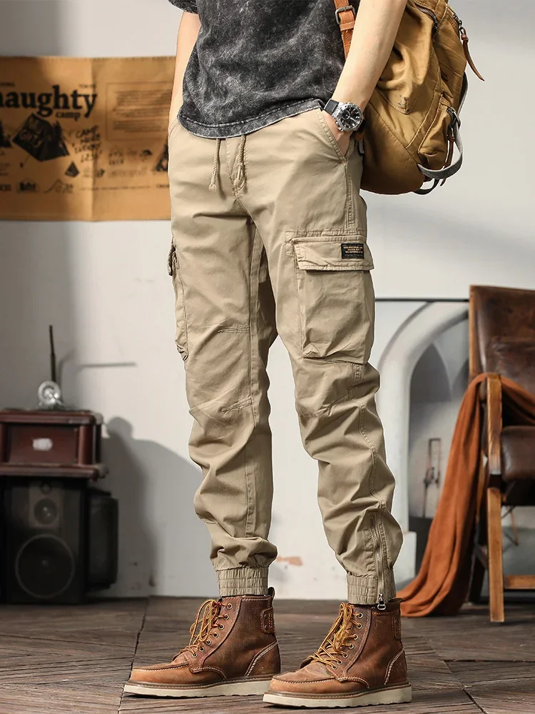 Pantalones Cargo de algodón transpirables para hombre, pantalones informales ajustados con cremallera en el tobillo, ropa de trabajo fina, novedad de verano, 2023