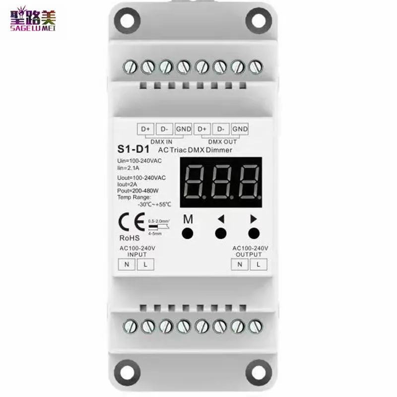 best selling 2020 1CH*2A AC DMX512 Dimmer S1-D1 DIN rail AC100-240V 480W Triac DMX Dimmer, 110V 220V DMX 512 LED controller