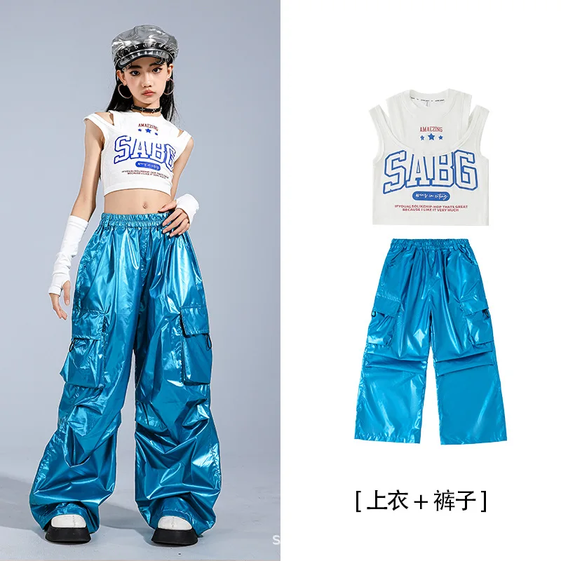 New Girls Crop Tank Top Street Dance Shiny Cargo Pants Kids K-pop Streetwear Costumes Children Jazz Girl Group Clothes Sets  123