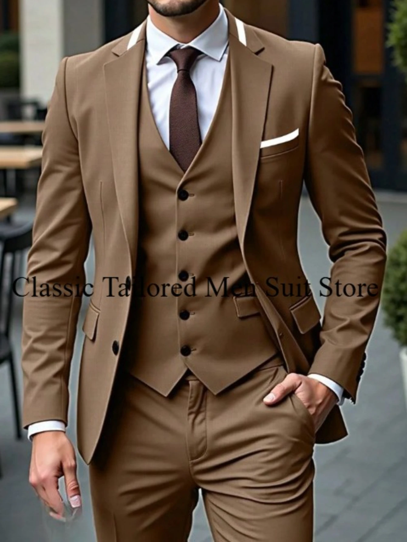 

Business Men Suits Single Breasted Tuxedo Slim Fit Peak Lapel Jacket Vest Pants