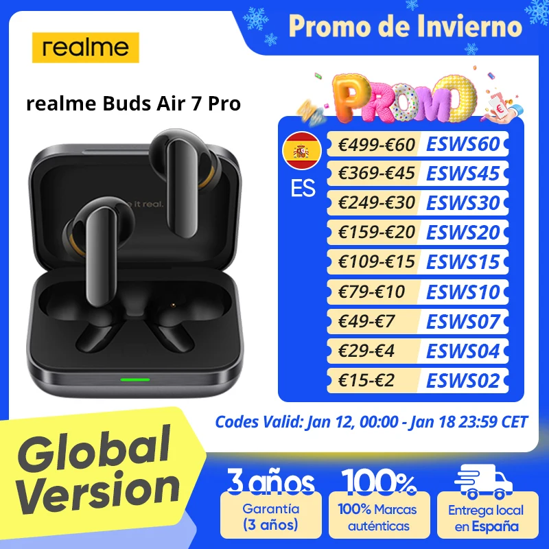 Versión Global realme Buds Air 7 Pro Auriculares Inalámbricos 53dB Cancelación de Ruido en Tiempo Real 11+6mm Dual-DAC Driver Al Live Translator