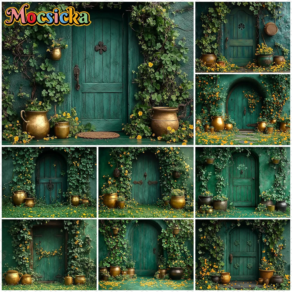

Mocsicka Spring Photography Backdrop Green Clover Leaf Door Decoration Wallpaper Birthday Background Shooting Portrait Photocall
