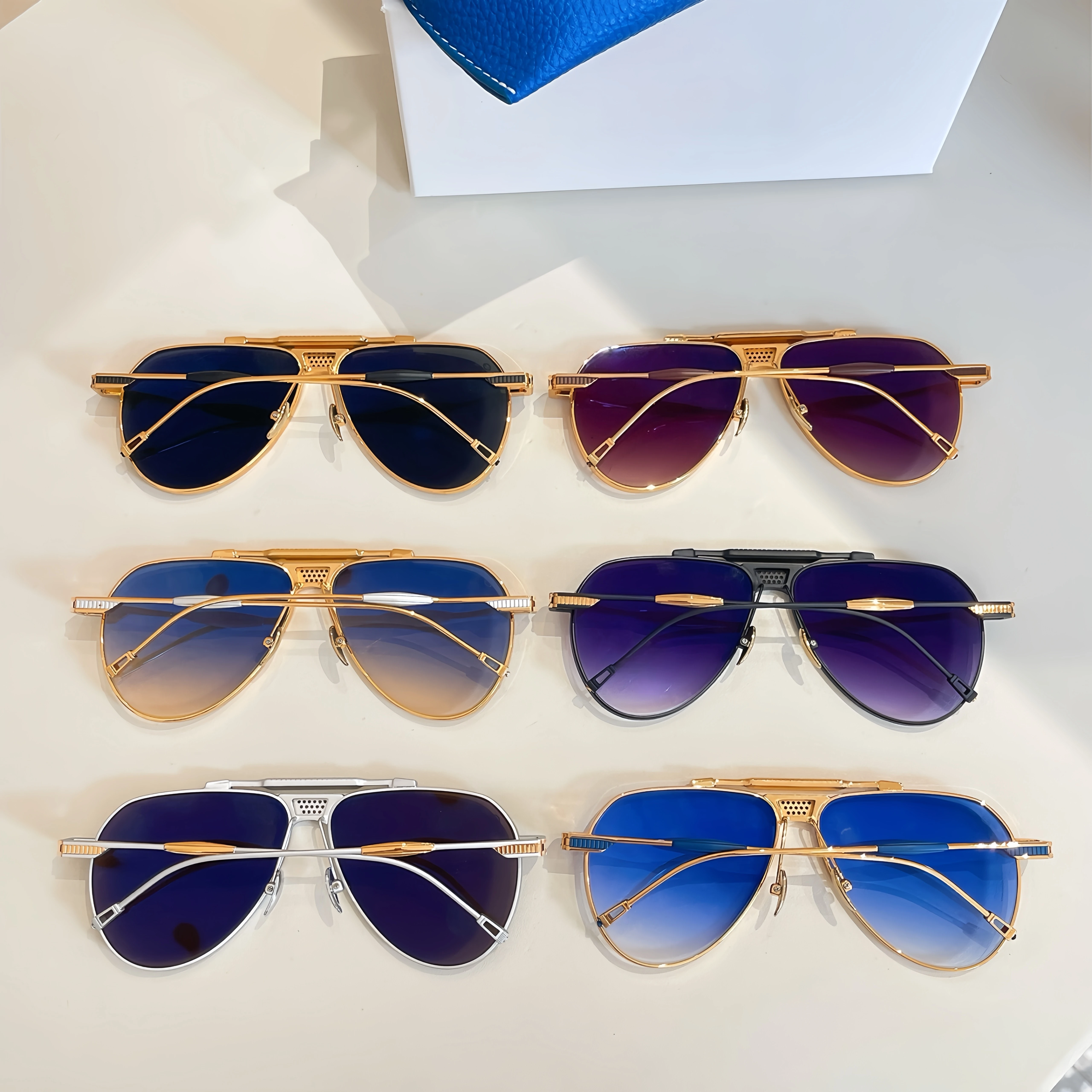 LMC060 Sunglasses Man Woman,Gold Pilot Frame,Gradient Blue Lens,UV400,Luxury Retro Shades Boost Charm