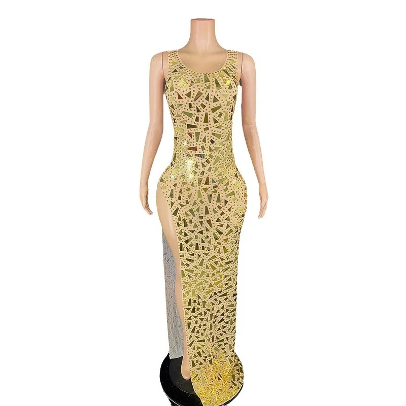 

Costume Gold Diamond Fringe Off-Shoulder Shiny Sequins High Split Sleeveless Ball & Bridal Performance Dress Sexy Sequin Dresses