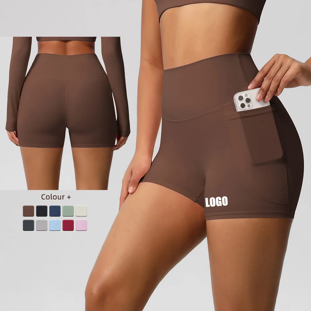 Custom LOGO European and American polished high waist tight high elastic yoga pocket shorts sports running fitness pants