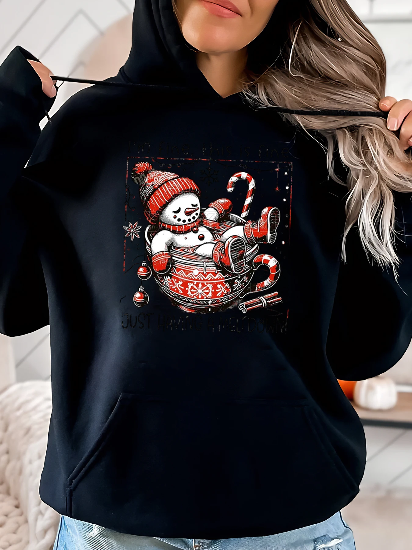 Muñeco de nieve con bastón de caramelo y suéter con estampado navideño Sudadera con capucha Mujer Ropa casual de invierno Negro Tallas grandes