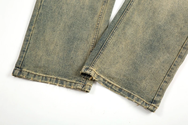 Vintage übergroße Split Deconstructed Herren breite Jeans Baggy Yellow Mud Dyed Washed Denim Jeans Cat Whisker Straight Denim Hose – Detail 15