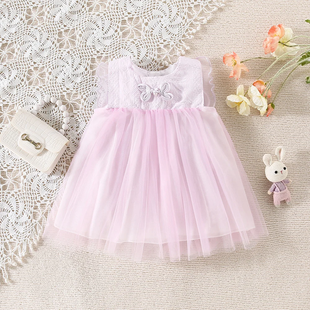 New Summer Baby Girls Dress Round Neck Zipper Bow Butterfly Machine Wings Back Sweet Princess Dress