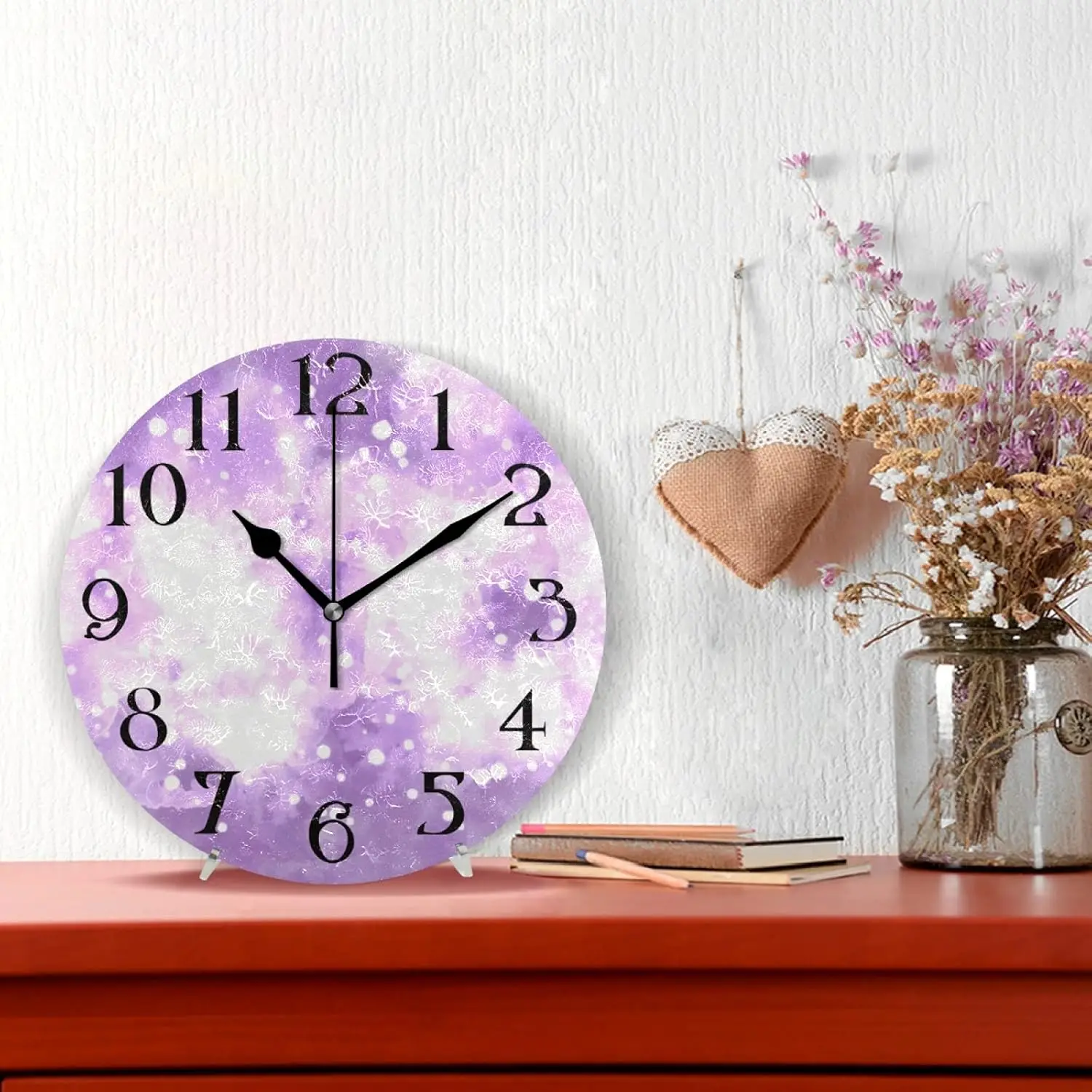 Purple Splash Tie Dye Gradient Wall Clock 9.5 Inch Non-Ticking Silent Clocks Round Bathroom Clock Battery Operated Quartz Analog