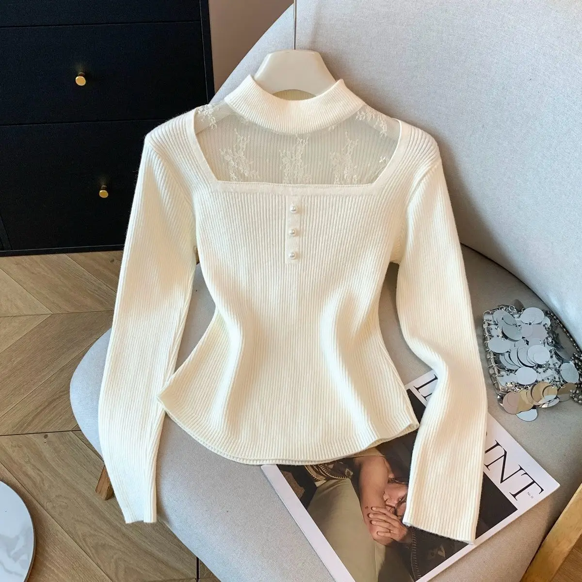 New French Halter Spliced Mesh Square Sleeve Sweater Autumn Winter Knitted Basic Pullover Women Fashion Elegant Solid Jumper