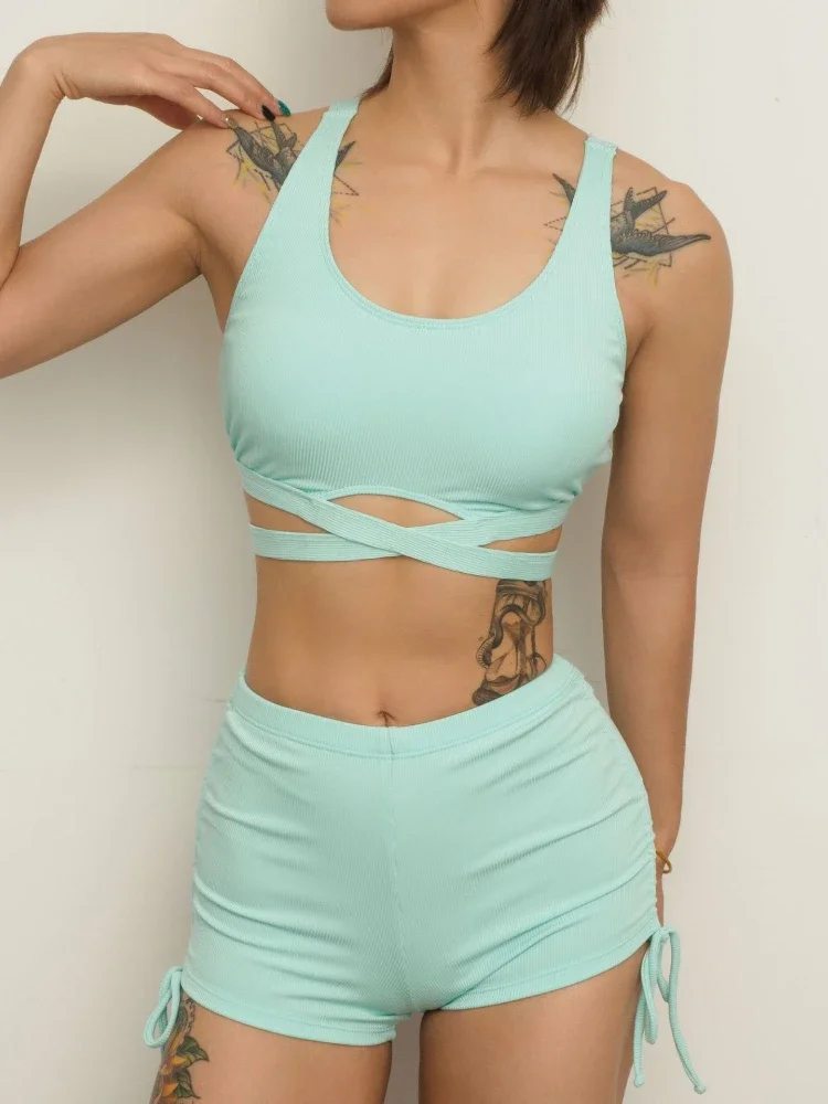 Bikini Set 2 Piece Swimsuit for Women High Waist Solid Color Cross Hollow Out Beach Vacation Backless Bathing Suit 2025 New