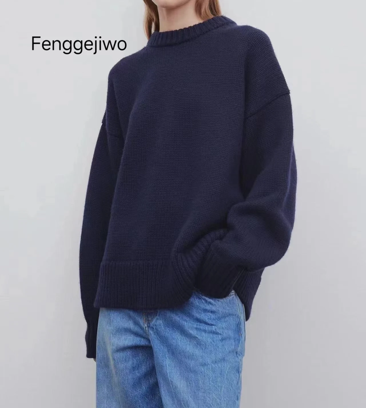 Fenggejiwo Autumn/Winter Women\'s Loose Sweater 100% Wool Solid Color Loose Edition Sweater 2 Specially Processed Wool with