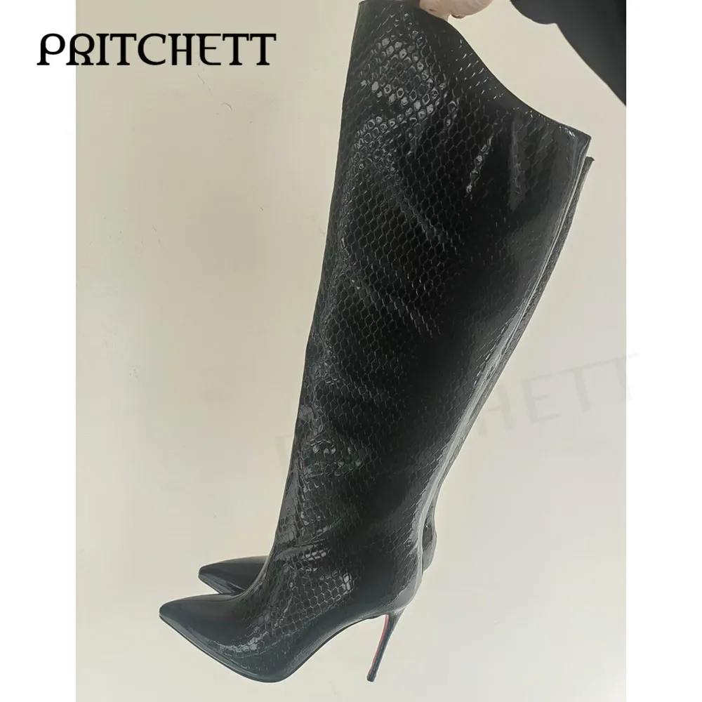 Black Scale Pattern Knee-High Boots Pointed Toe Stiletto Pull-On Sexy Long Boots Side Zipper Fashion Trend Large Size Boots