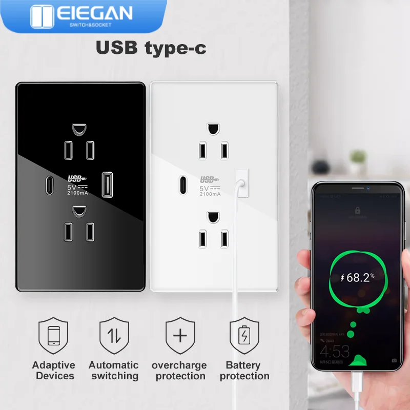 ELEGAN Model 120 American Standard Socket with USB type-c Full Tempered Glass Panel Socket home Socket bathroom accessories