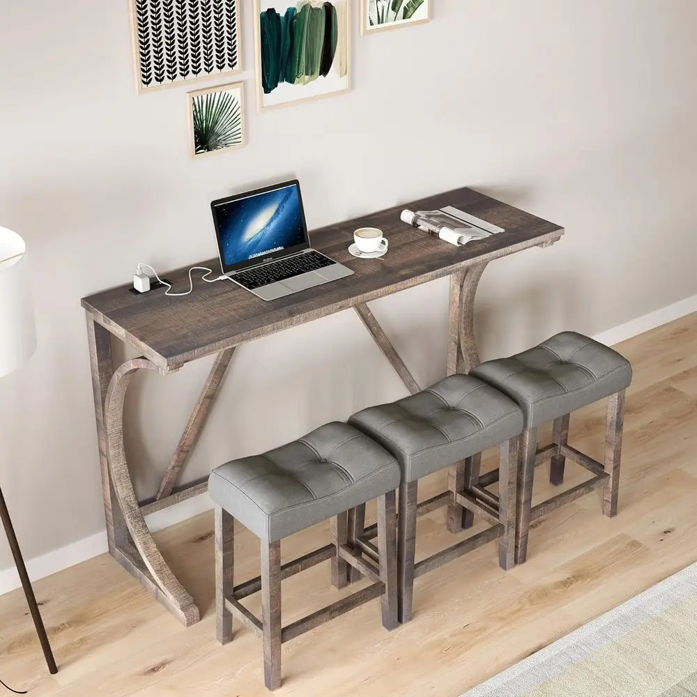 

4-Piece Counter Height Bar Table Set with Power Outlet and Padded Chairs, Industrial Style Breakfast or Living Room Dining (Brow