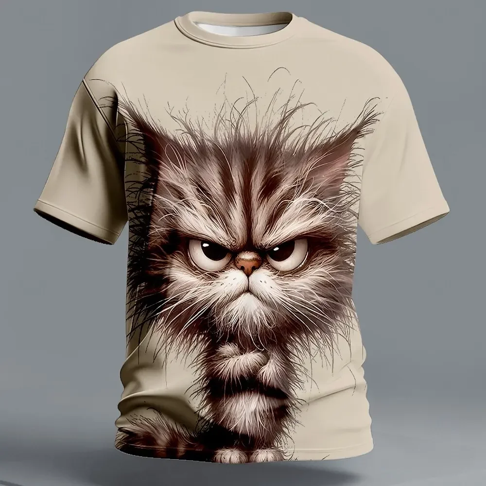 Men's Angry Fluffy Cat 3D Graphic T-Shirt Grumpy Long Hair Kitten Print Short Sleeve Tee Funny Animal Casual Streetwear Top