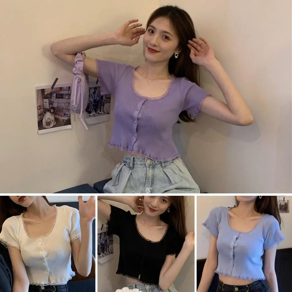 Lace Square Collar Short Sleeve Thin Knitted Tops For Women Spring And Summer 2024 New Slim Ice Silk Purple Small Cardigan