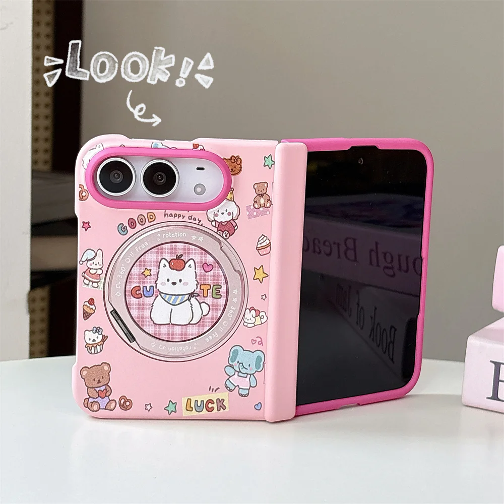 Cute Cartoon White Dog Bear Elephant Magnetic Rotating Bracket Phone Case For iPhone Duo Kawaii Pink Hard Protective Cover