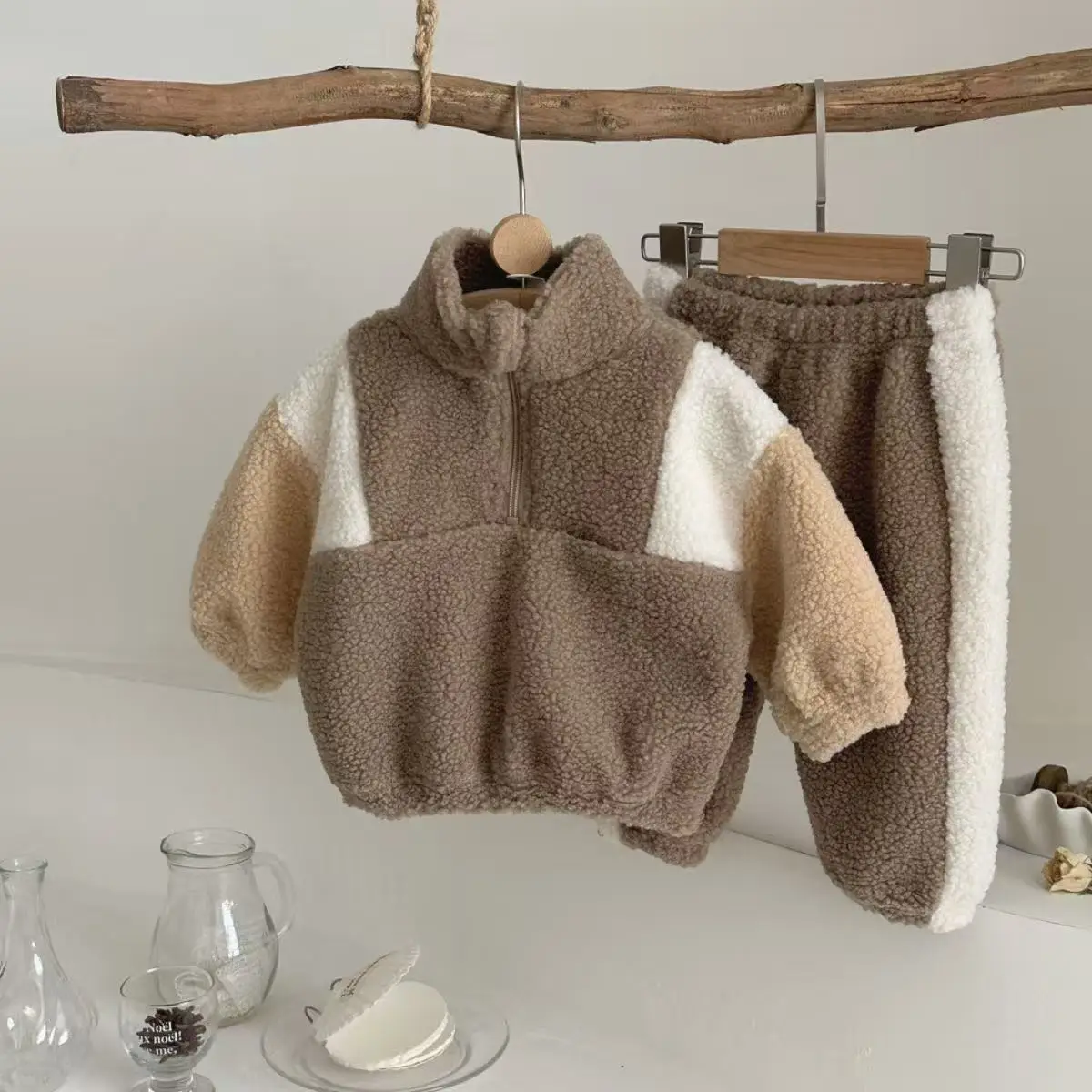 Winter Children Sweater Sets Casual Outfit Solid Color Fleece Thickened Hoodie Pants Clothes Set Half-Zip