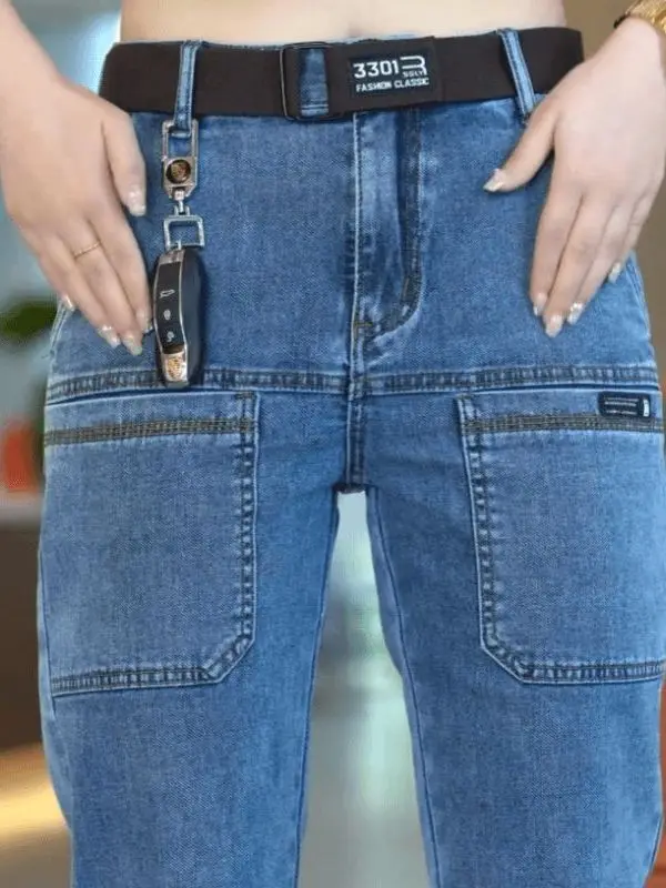 

Мужские эластичные повседневные прямые джинсы, рабочая одежда, износостойкие облегающие хлопковые джинсовые брюки с несколькими карманами для молодежи