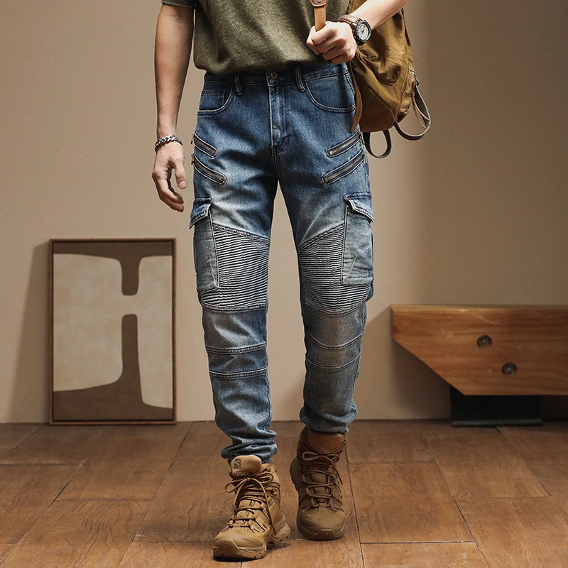 

New American high-end trend slim personality multi-pocket splicing biker small leg pants retro men's jeans pants man