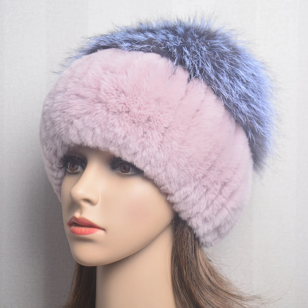 2024 Hot Sale Women Winter Fur Knitted Hats Real Rex Rabbit With Real Genuine Fox Fur Warm Fashion Female Quality Real Fur Caps