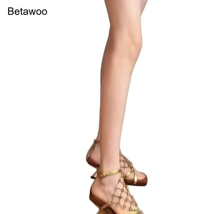 Women's Metallic Mesh Gladiator Sandals, Square-Toe Kitten Heel Shoes, Ideal for Parties, Festivals & Night Out