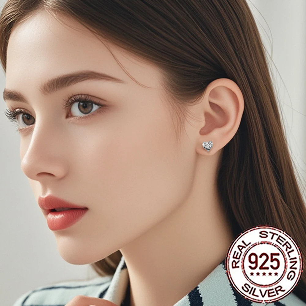 CWWZircons Genuine Sterling Silver 925 Romantic Shiny CZ Love Heart Shape Stud Earrings for Women Daily Party Fine Jewelry SE082