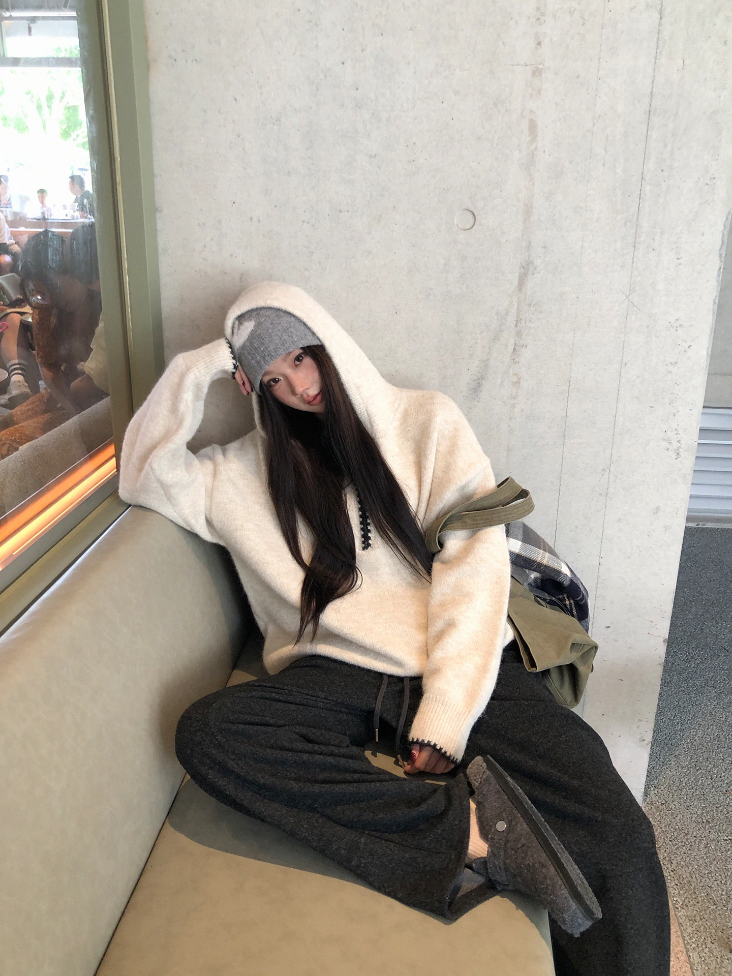 

Red Celebri Hooded Knitwear Women's Long Sve Lazy High-End Feeling Autumn Winter Faion Casual Straight Tube Top