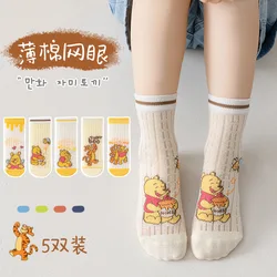 5 Pairs Winnie the Pooh Kids Socks Mesh Breathable Ice Thin Socks Summer Kawaii Cartoon Childrens Mid-calf Cotton Sock for Girls