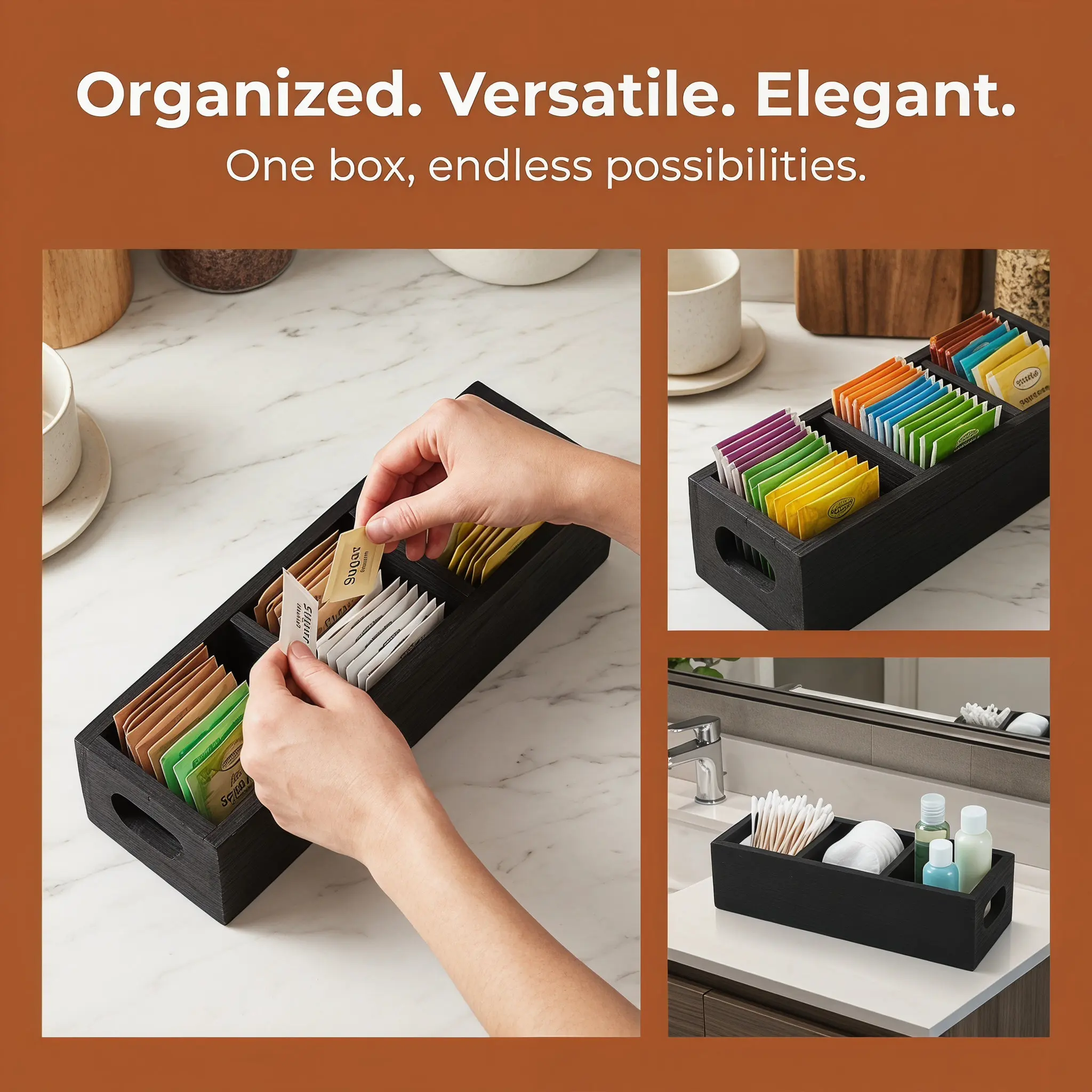Wooden Tea Bag Organizer Box 3 Compartment Black Tea Chest Storage Box Sugar Packet Organizer Coffee Bar Kitchen Countertop
