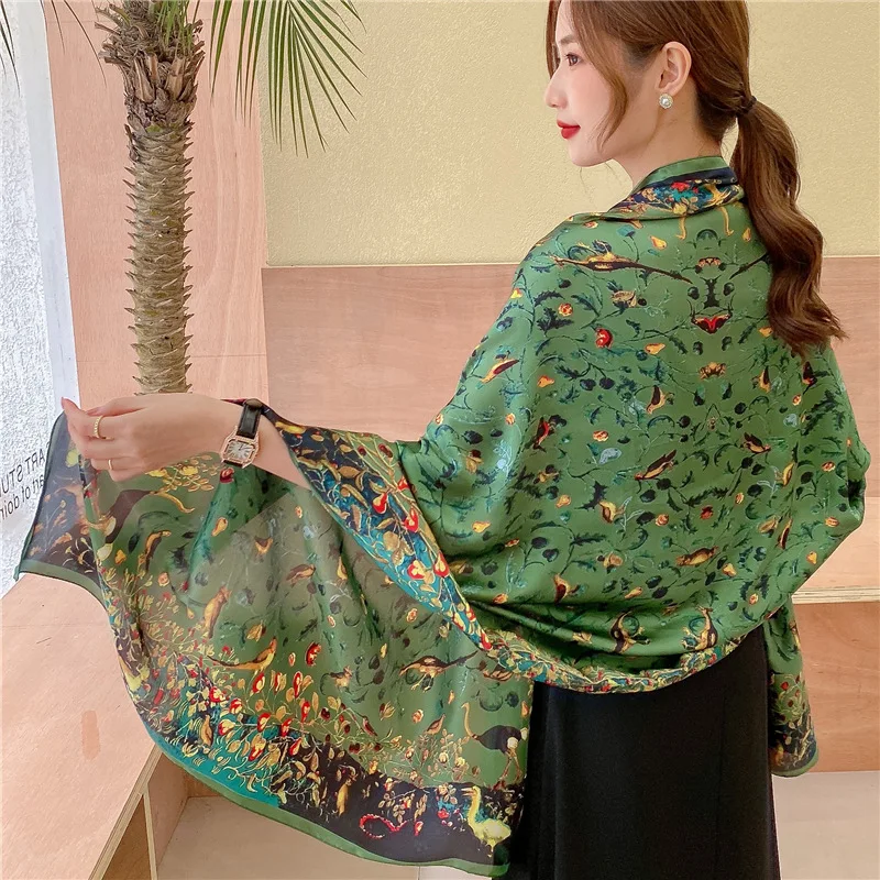 Army Green Luxury Silk Scarf Women Spring Printed Bird Shawls Wraps Lady Soft Bandana Foulard Summer Pareo Stole Long Cover-ups