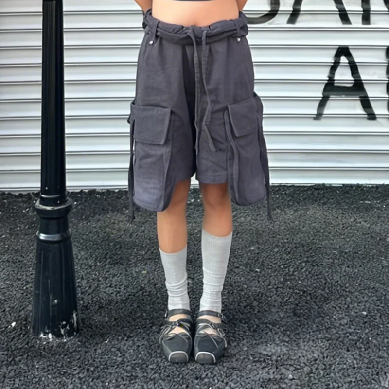 PBAP Women Wide Leg Cargo Jeans Jorts Big Pockets Plain Fold Over Drawstring Waist Bermuda Short Pants Vintage Summer Workwear