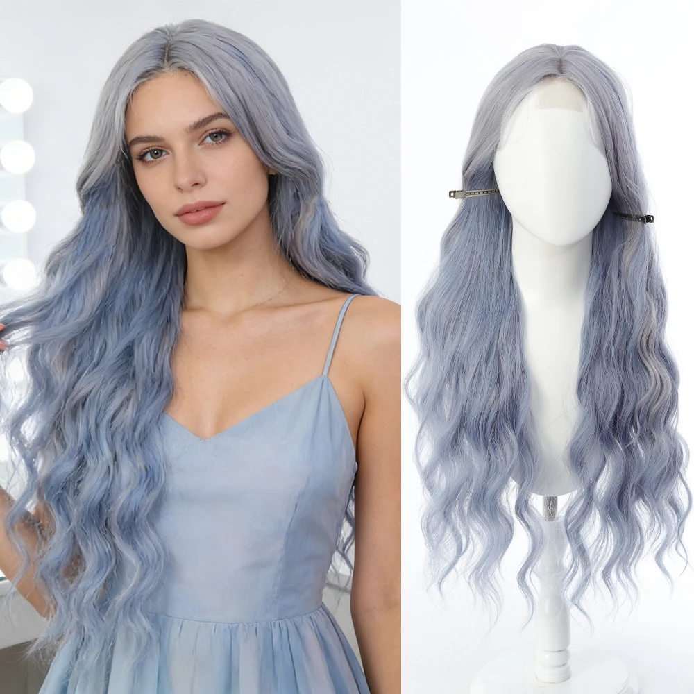 New gradient blue curly synthetic wig for party, Halloween cosplay, daily use, high-temperature hair accessory