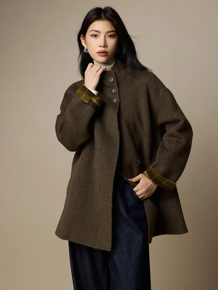 Birdtree, korte jas van wolmix, casual losse tops met opstaande kraag, dubbelzijdig wollen, herfst-winterjas van 2025 T5N410JF