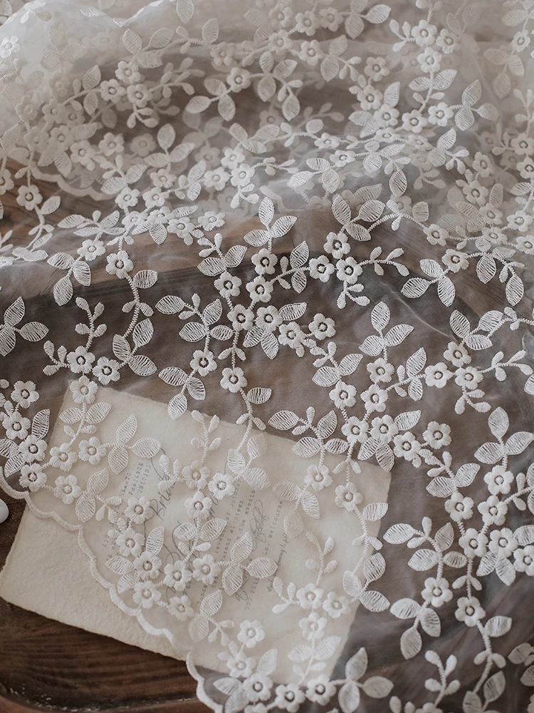 Beige Floral Embroidery Organza Fabric for Wedding Dress Curtain Lace Decoration By The Meter