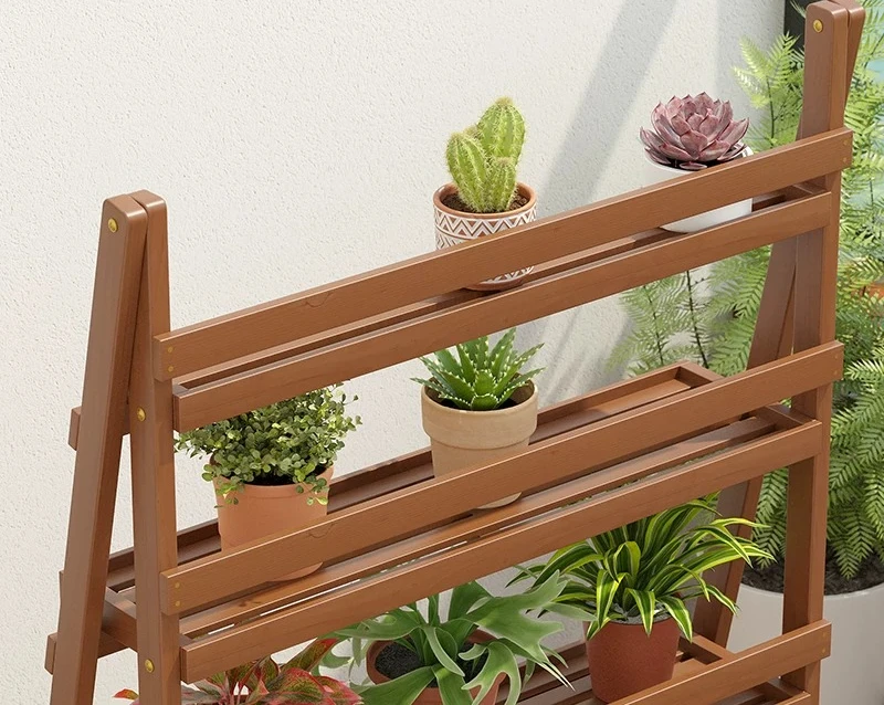 Factory Direct Compatible with Balcony Flower Stand Indoor Preservative Solid Wood Plant Placement Rack Movable Folding