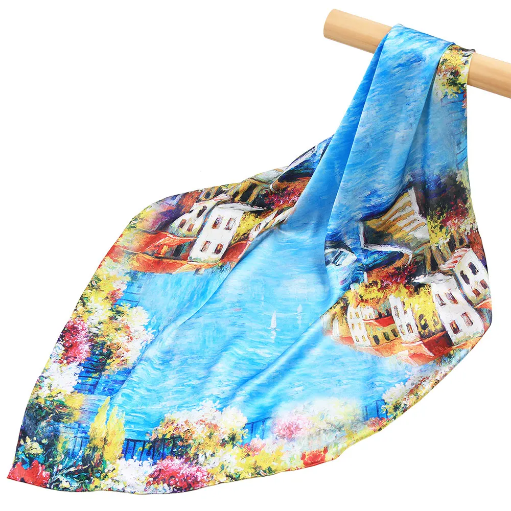 

100% Pure Silk Scarf Women Female Hair Scarf Lake View Top Natural Silk Square Painting Headband Wholesale Hijab Gift for Lady