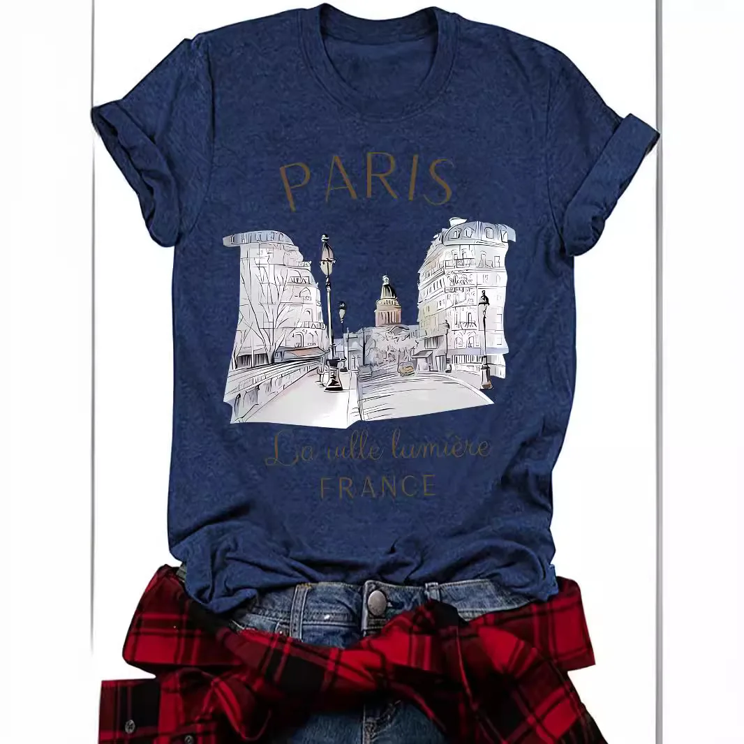 Nueva camiseta de moda casual de manga corta con cuello redondo estampada para mujer