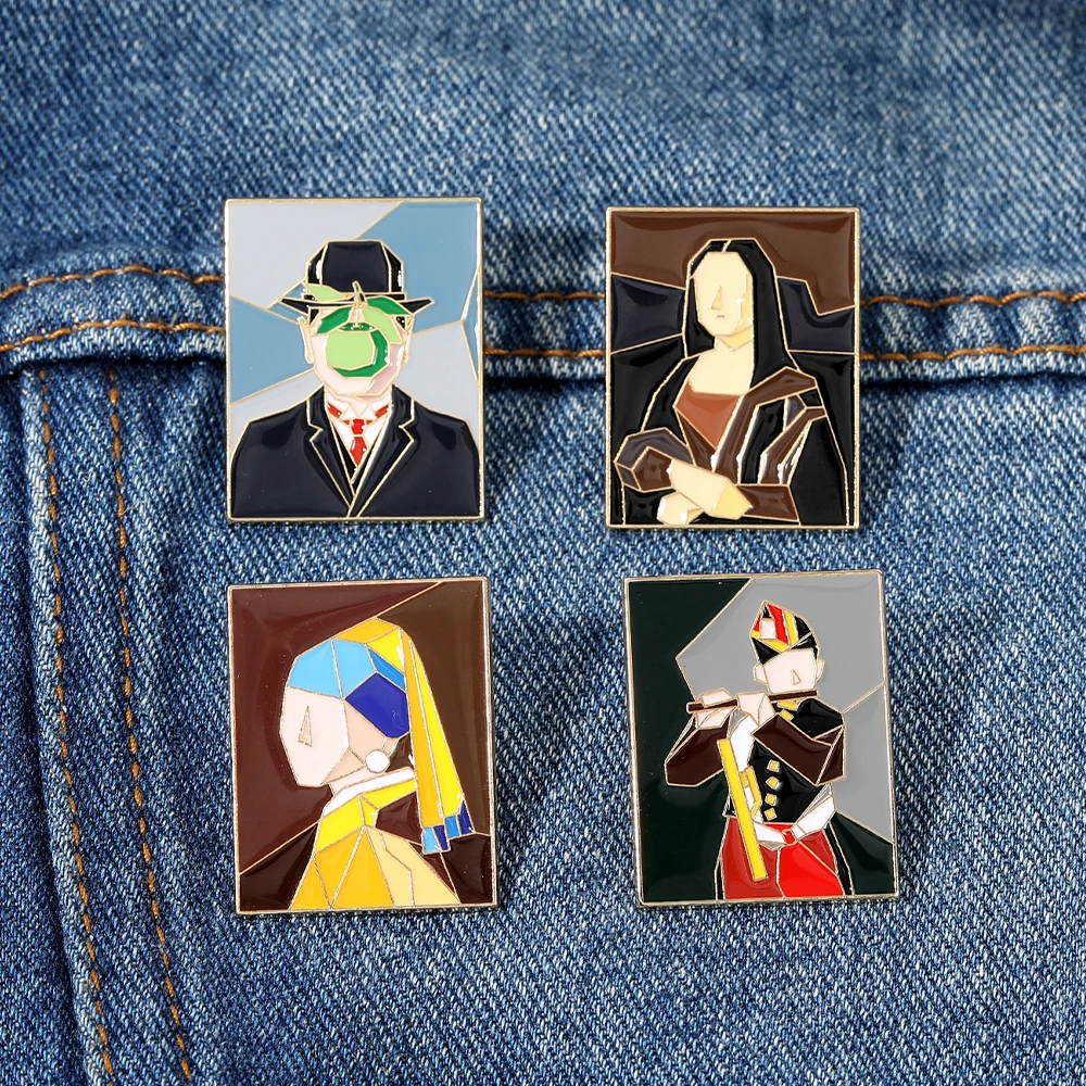 Novelty Jigsaw Figure Oil Painting Enamel Brooches Puzzle Mona Lisa Design Golden Pins For Artist Gift Badge