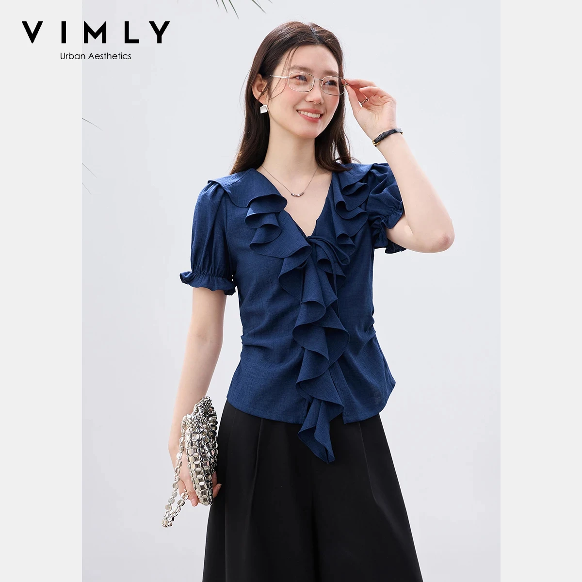 

VIMLY Women's Elegant Puff Sleeve Shirt 2026 Summer New French Ruffle Trim V-Neck Tie Front Short Sleeve Cropped Blouse 30850