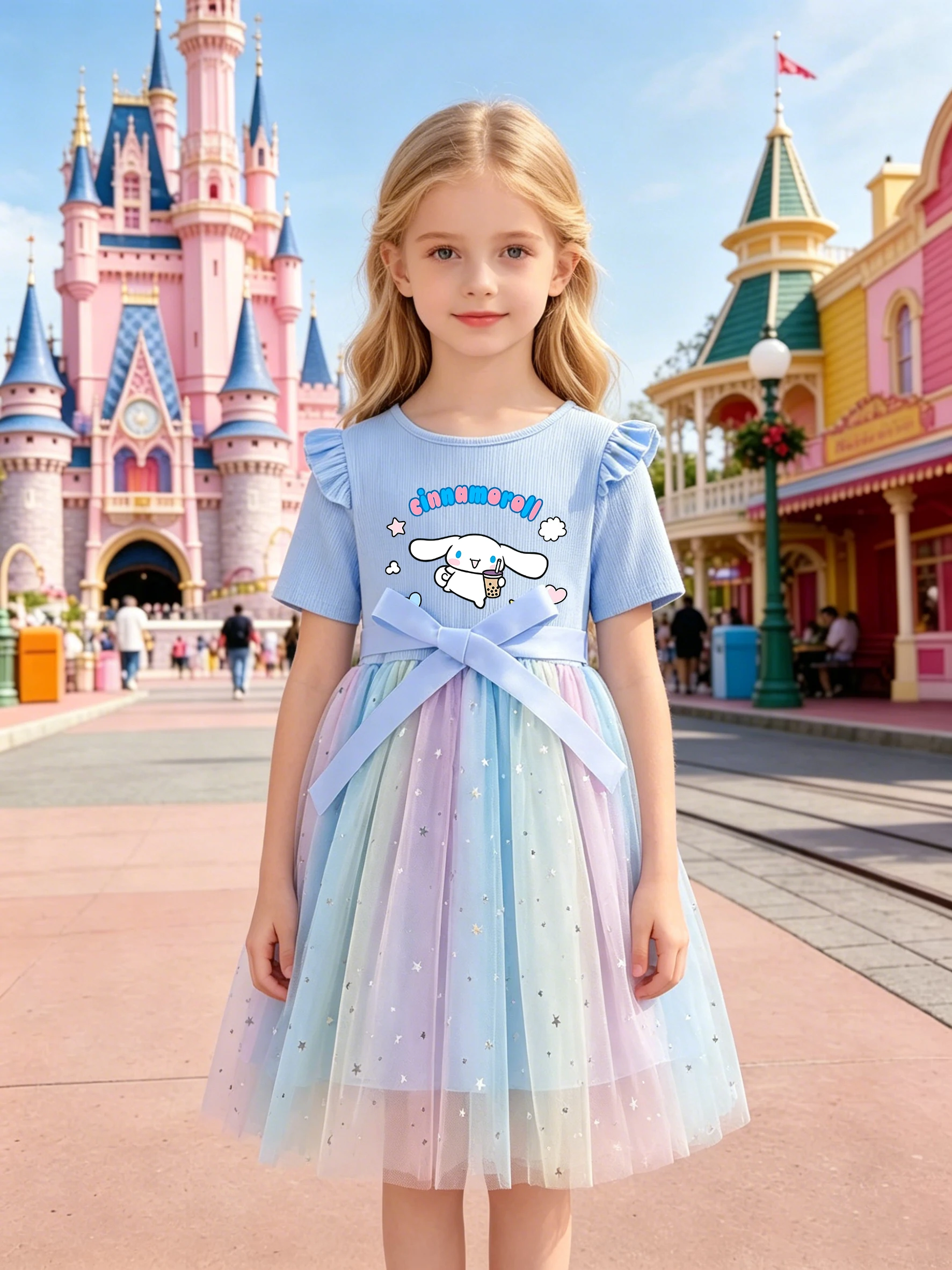 Cinnamoroll Prinzessinnenkleid für Mädchen, Blau-Lila Farbverlauf Sternen-Tüll Puffkleid, Kinder Geburtstagsparty Festliches Kleid