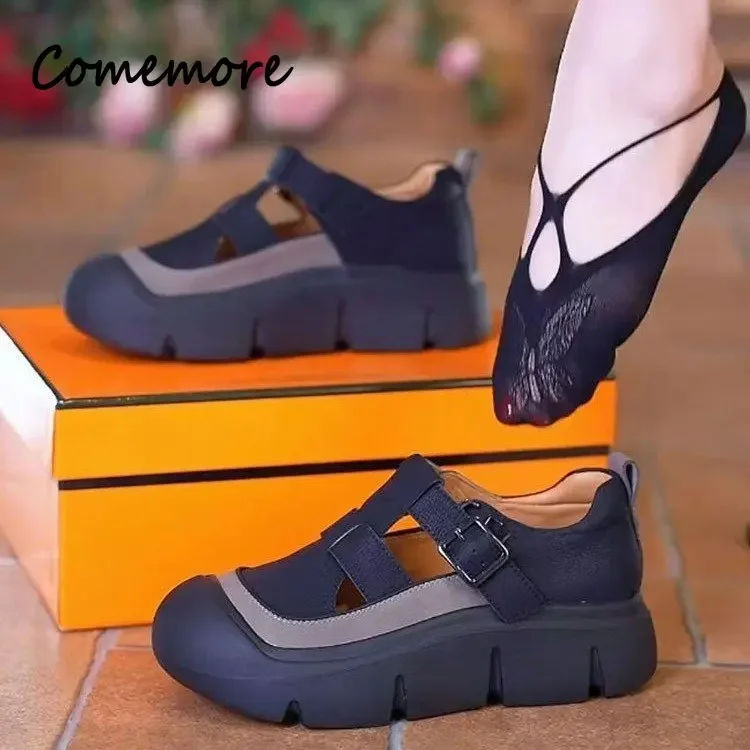 صندل مجوف بنعل سميك للنساء ، صنادل رياضية رومانية غير رسمية متعددة الاستخدامات بمقدمة مستديرة قابلة للتنفس ، موضة صيفية ، #2